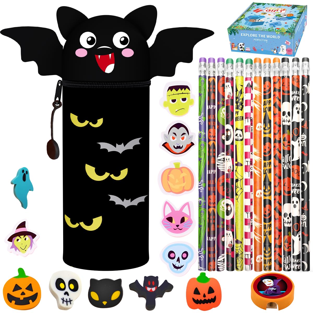 Halloween Trousse 2 In 1 Silicone Set, Kawaii Chauve Souris Porte Plume Comprenant Taille Crayon