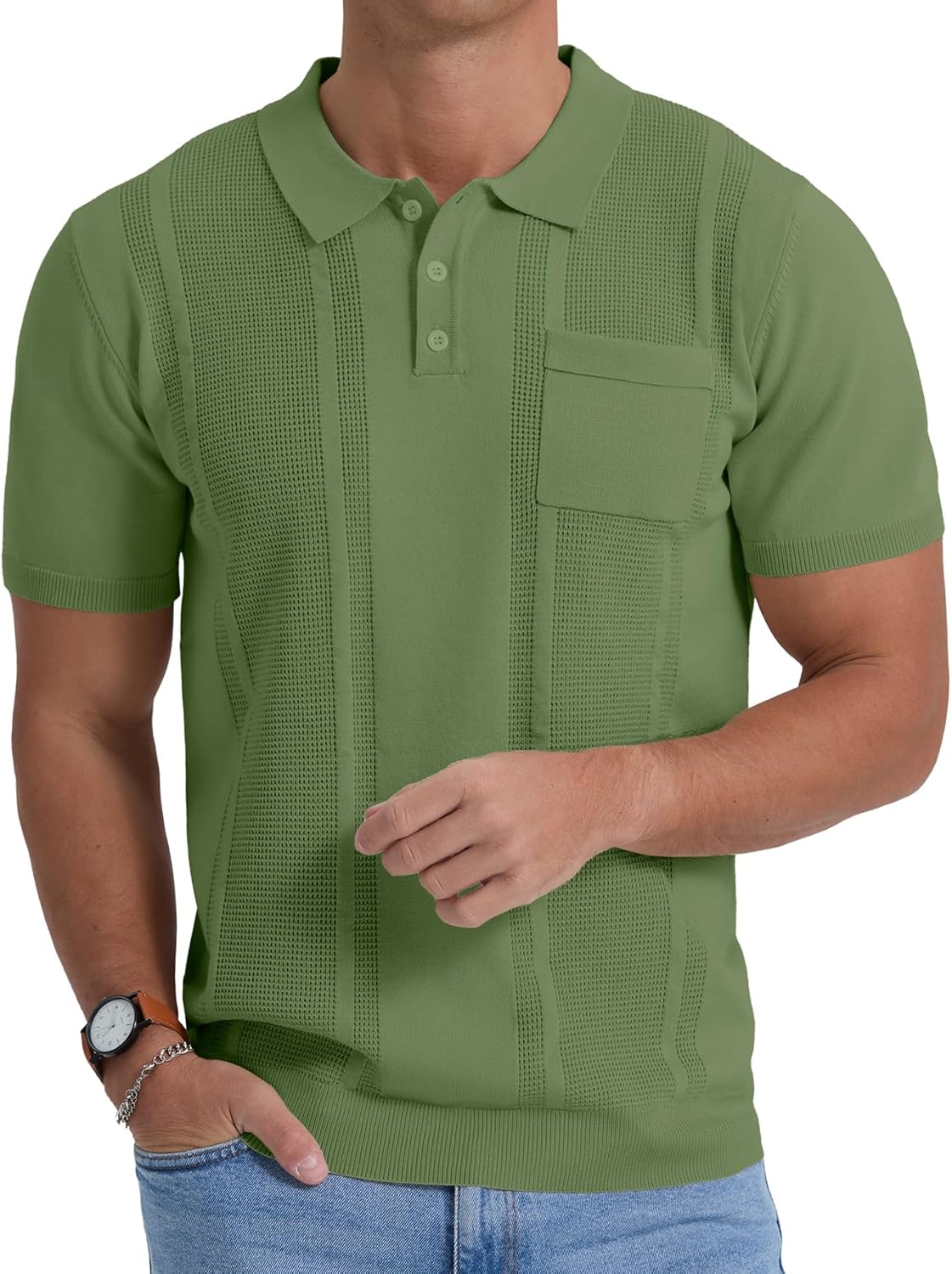 Sailwind Mens Textured Knit Polo Shirts Short Sleeve Summer Collared T Shirt with Pocket - Image 4