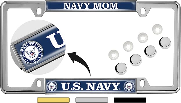 [Officially Licensed Product] - United States Navy Mom - Domed Custom-Made Personalized Narrow Thin Top 4 Hole Metal Car License Plate Frame with Free caps - Chrome Qty 1 Frame