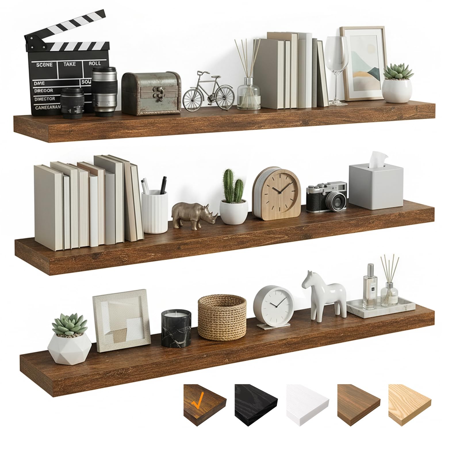 RICHER HOUSE 100cm Floating Shelves for wall, Brown Wall Shelves with Invisible Brackets, Wooden Shelves MDF for Bathroom, Bedroom, Office, Living Room, Kitchen, Set of 3, 100 x 23.5 x 3.8 cm