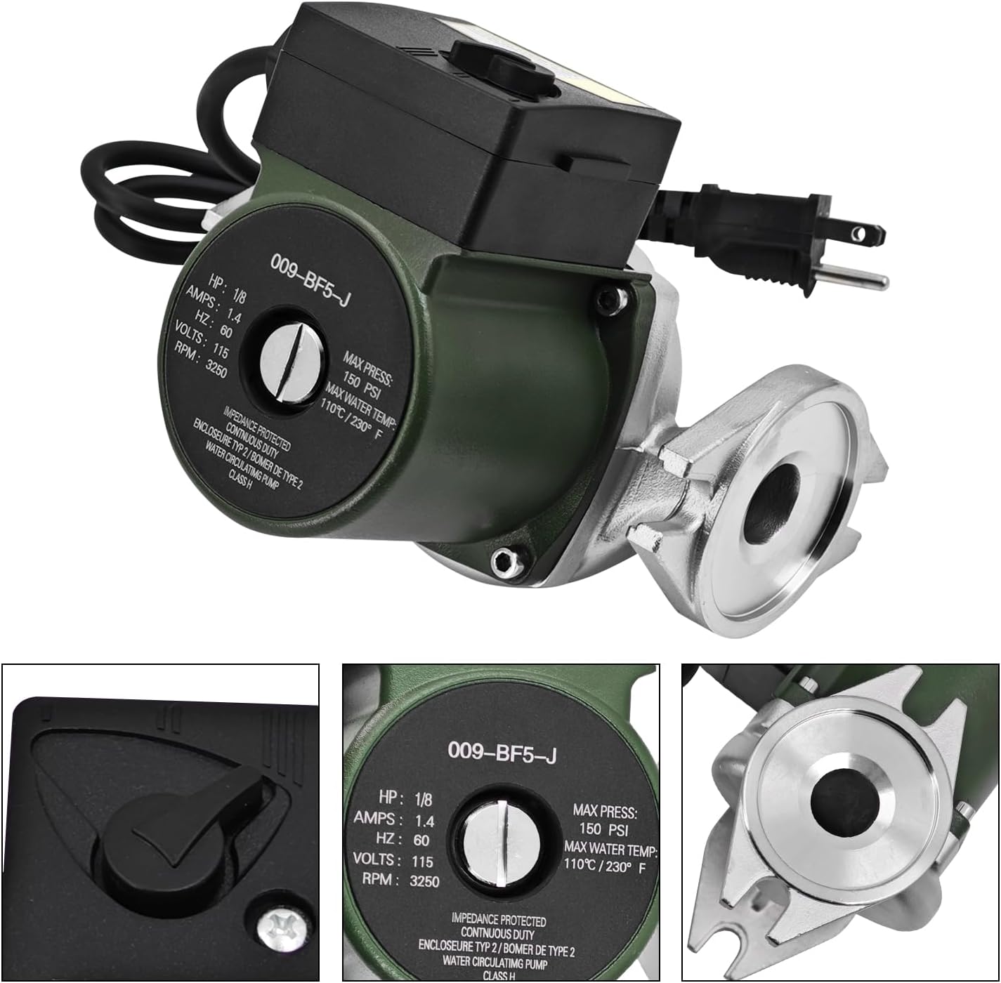 009-BF5-J 1/8HP Stainless Steel Cartridge Circulating Replacement for 009-F5 009-BF5 Circulating Pump 115V 150PSI 10GPM Single Phase for Open-loop Solar Heating and Light Commercial Domestic Water