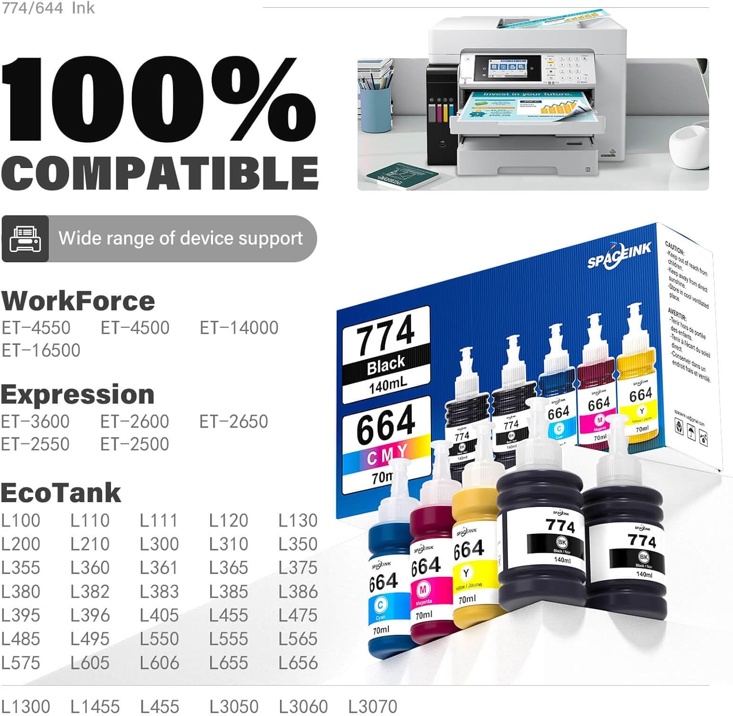 Spaceink 774 664 Ink Refill Bottles for ET-2650 ET-2550 ET-3600 ET-4500 ET-4550 ET-16500 ET-2500 ET-2600 ET-14000 Printers (2 Black Cyan Magenta Yellow 5 Pack)