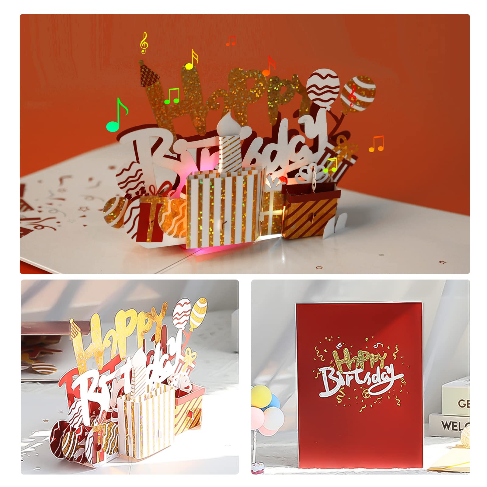 Tarana 3D Musik-Geburtstagskarte – Mit Pop-Up-Kuchen, LED-Lichtern & Blasbarer Kerze
