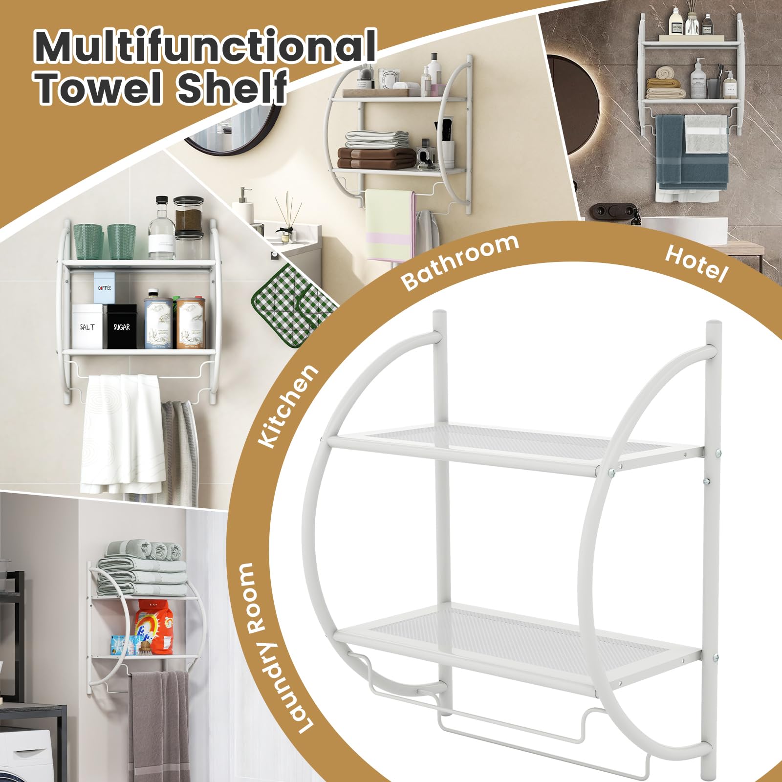 GIANTEX Porta Asciugamani Bagno da Parete, Mensola Doccia con 2 Ripiani e 2 Portasciugamani, Antiruggine, 45x25,5x55 cm Bianco