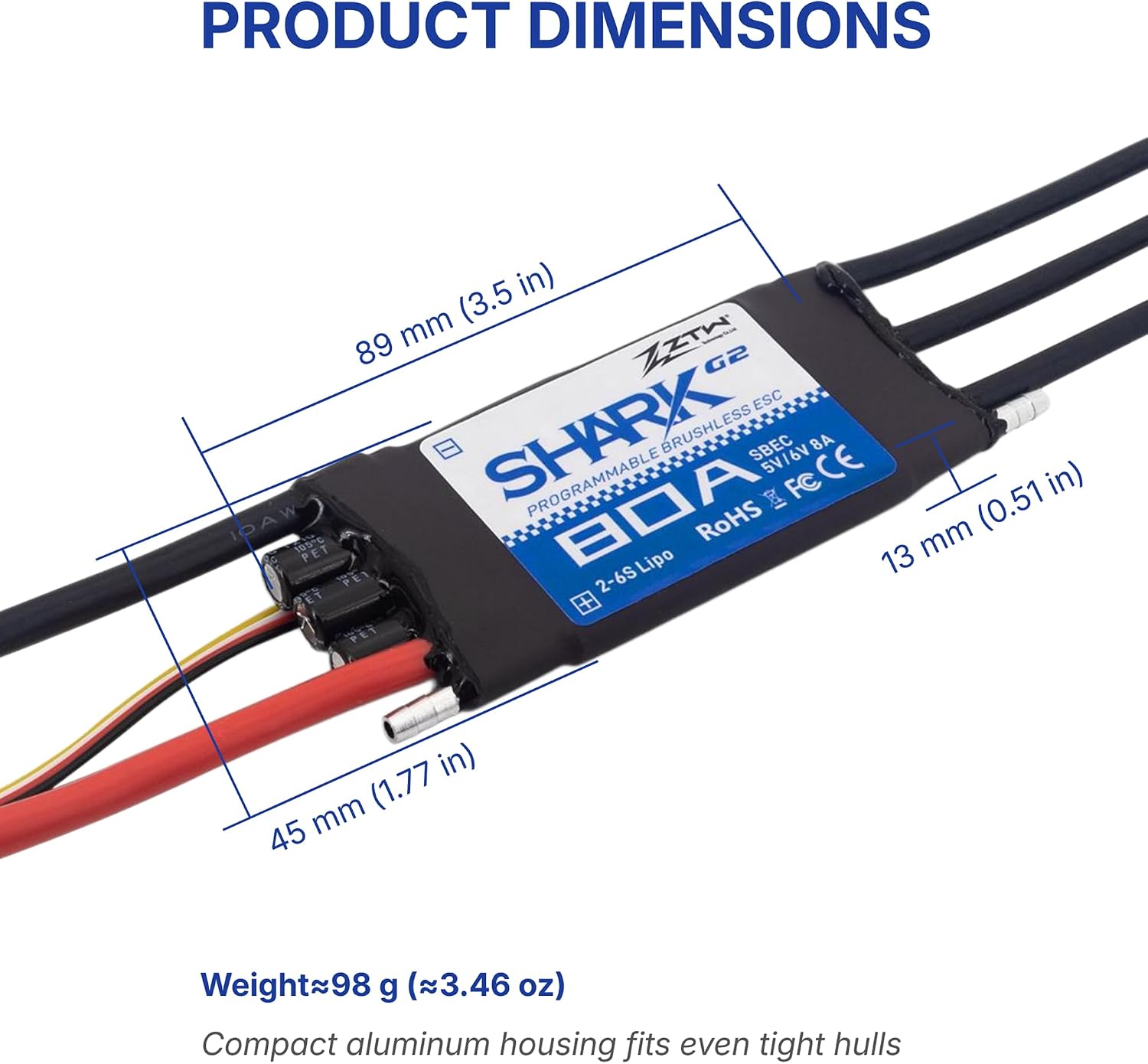 ZTW Shark G2 80A ESC 2-6S Built-in Swithcing BEC 5V/6V 8A Water-Cooling Bidirectional Waterproof Brushless Speed Controller for RC Boat Marine