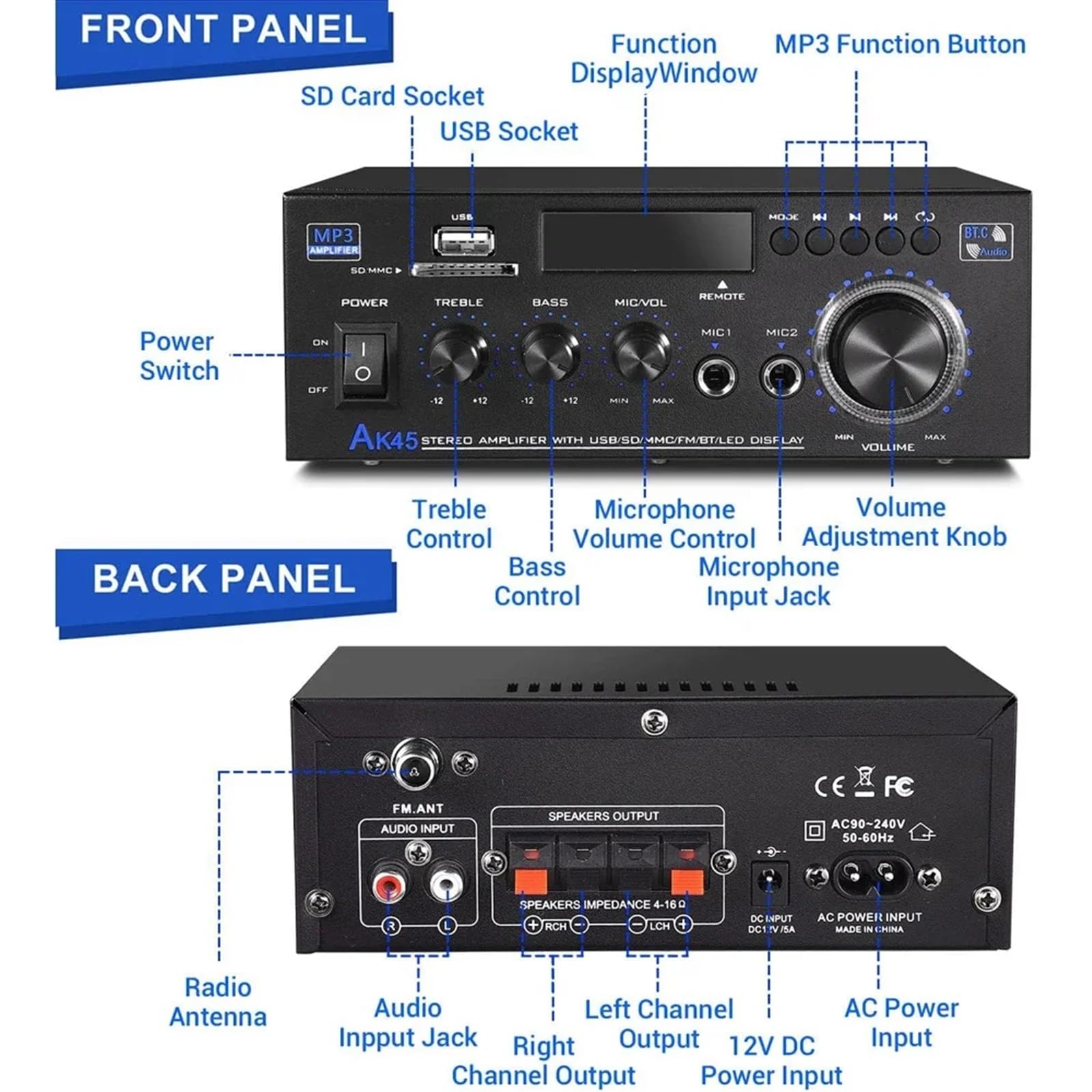Amplificador, Amplificador DE Potencia AK45 Estéreo HiFi 2,0 Canales Máx. 90Wx2 para Audio De Coche Cine En Casa Alta Eficiencia,para el hogar