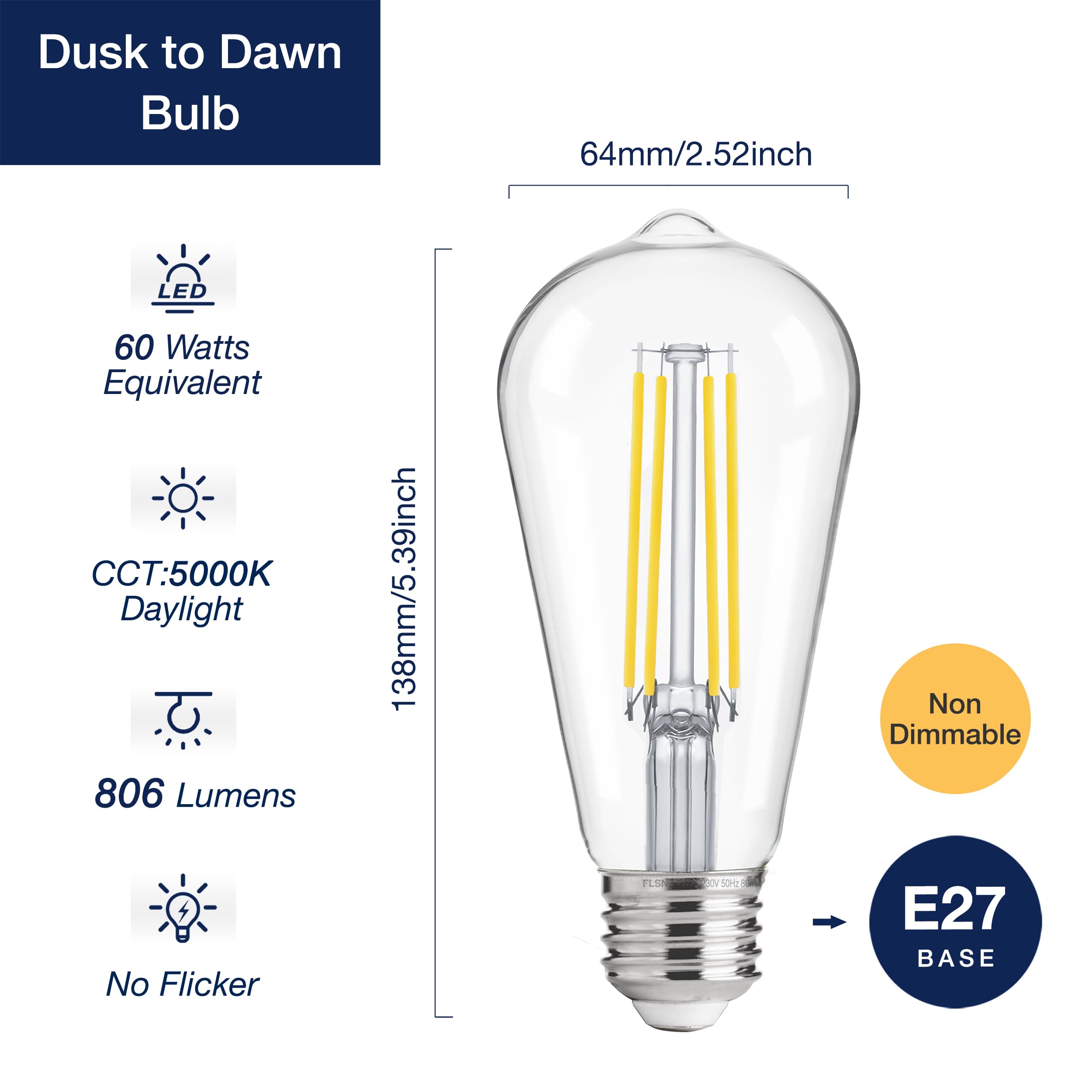 FLSNT Outdoor Light Sensor Dusk to Dawn Light Bulbs 60W Equivalent, 7W ST64 LED Edison Screw Bulb, Automatic On/Off - Image 2