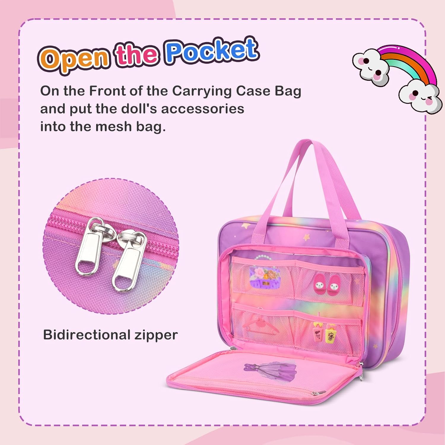Doll Carrying Case Accessory Organizer Storage, Case to Hold Dolls and Clothes, Much Pocket for Doll’s Clothes, Accessories, Fits 6 Dolls & Accessories, Secure Straps Protect Dolls - Rainbow