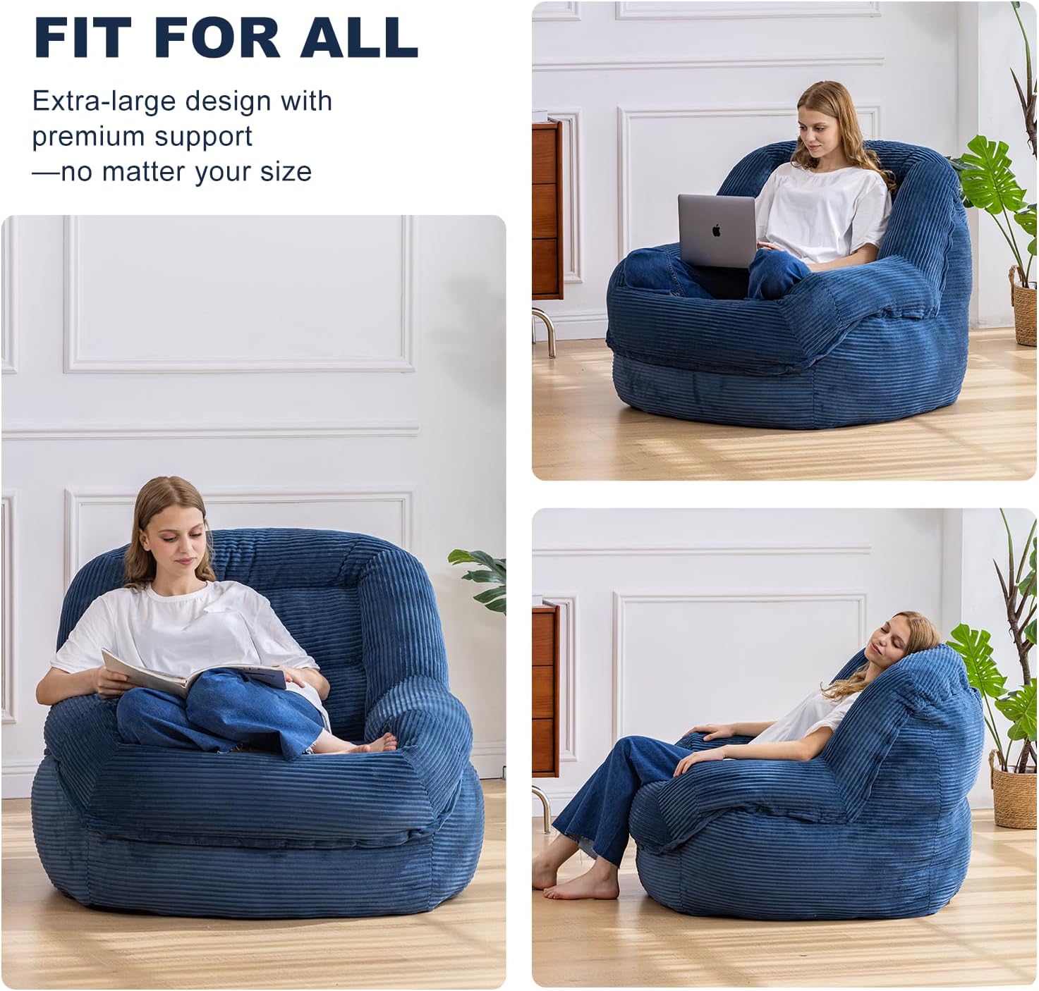 Giant Bean Bag Chair with Armrests - Oversized Cozy Seating for Adults, Corduroy Fabric & High-Resilience Foam Filling, Ideal Lounge for Living Room, Bedroom & Gaming Room (Royal Blue)
