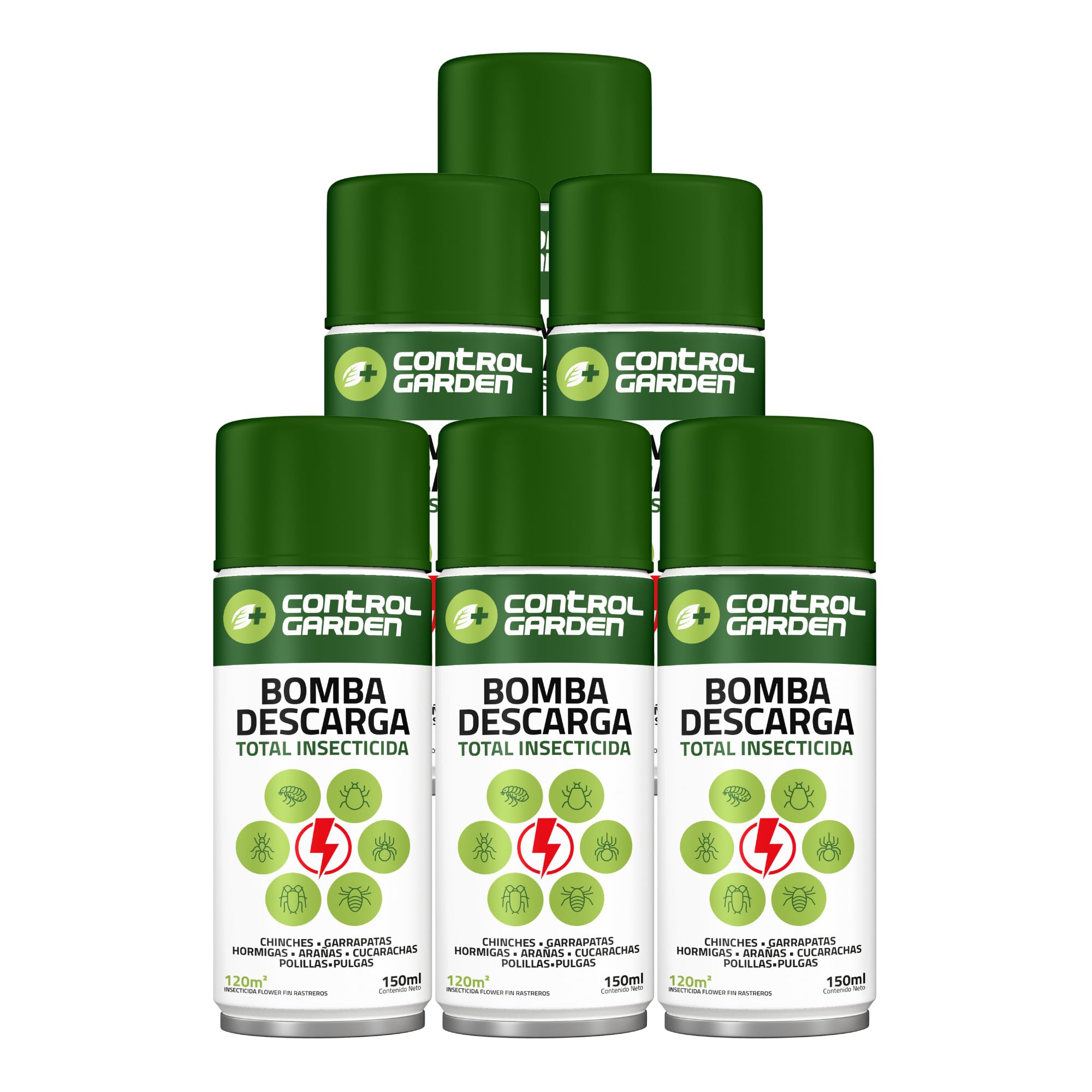 CONTROL GARDEN Pack 6 Insecticida Descarga Total 150 ML Interior y Exterior | Repelente Anti Insectos: Chinches, Ácaros, Hormigas, Arañas... | Fungicida Larvicida Ovicida Bomba de Humo Espacios 120 m2