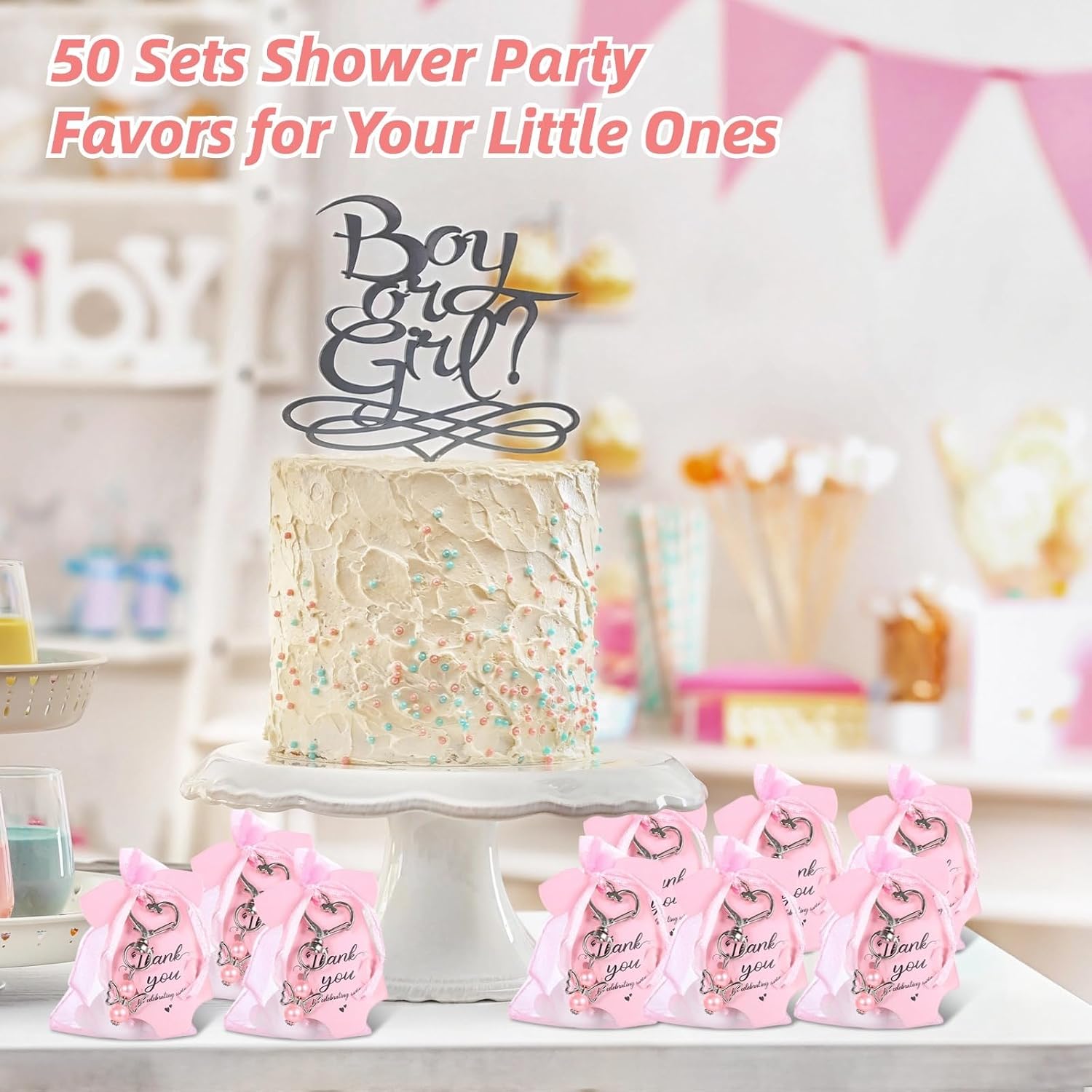 50 Sets Shower Birthday Party Return Gift, Sweeties Party Favors, Shower Angel Keychains, Thank You Cards, Elephant Label Sticker, Organza Bags
