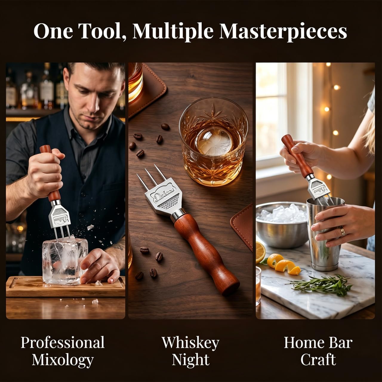Ice Picks for Breaking Ice: Stainless Steel Ice Crusher with Safety Wood Handle, Japanese Style Ice Chipper Three Prong Ice Pick Tool Bar Wine Tools Ice Breaker Tool for Kitchen Bars Bartender