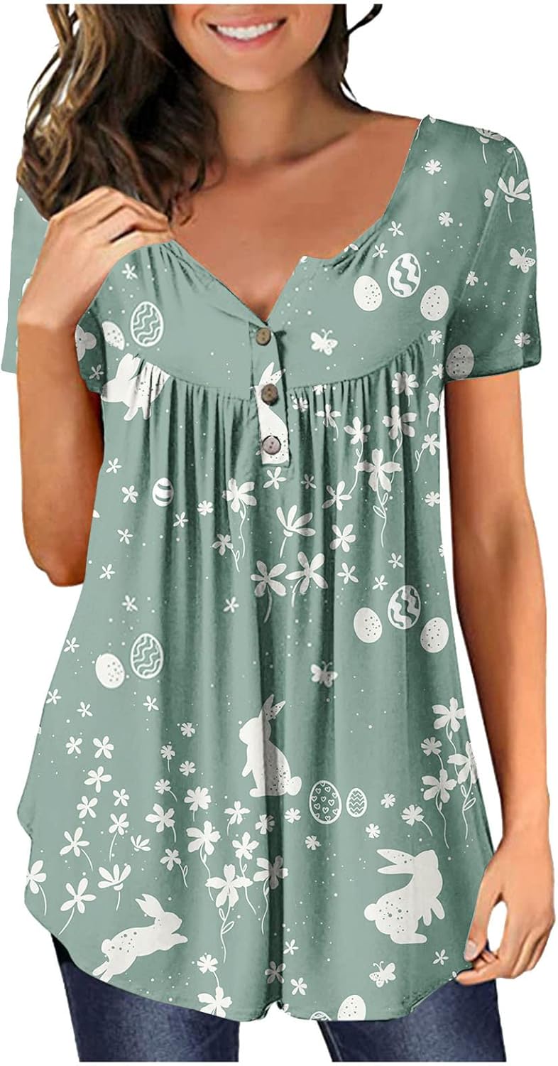 Womens Casual Easter Short Sleeve Shirts V Neck Bunny Graphic Tops Button Up Pleated Tunic Floral Ruffle Blouse