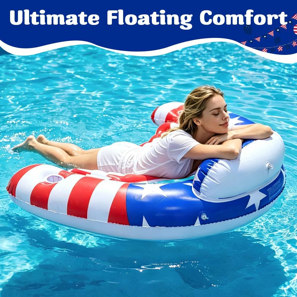 4th of July Inflatable Pool Float Chair with Cup Holder & Backrest - 2 Pack American Flag Pool Lounge Chairs for Summer, Pool, Lake & Beach, Reusable Floating Seat Pad for Adults