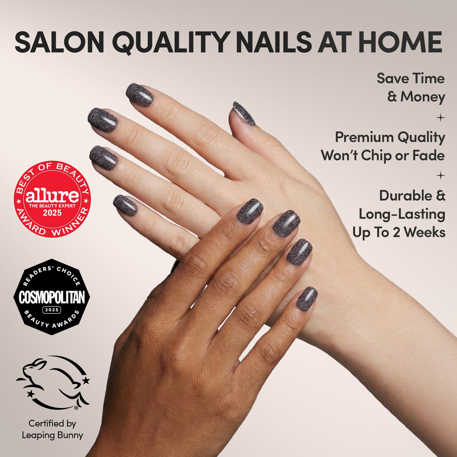 Glamnetic Press On Nails - Cosmic | Semi-Transparent Sparkly Black Short Squoval Fake Nails with a Glossy Finish, Salon Quality | 15 Sizes - 30 Nail Kit with Glue