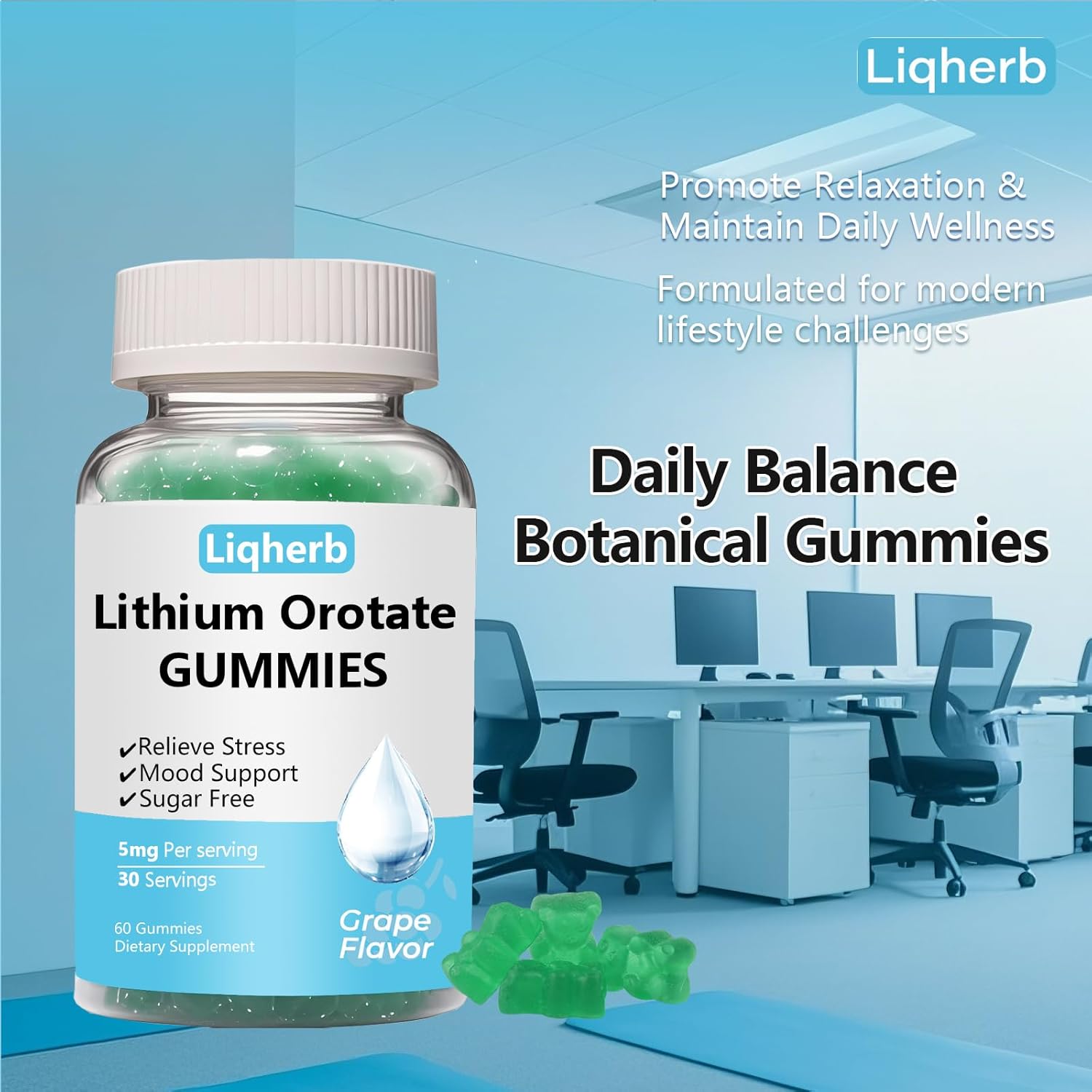 Lithium Orotate 5mg Gummies for Mood Support & Stress Management - Vegan Sugar-Free, Non-GMO, Gluten Free, Grape Flavor, 60 - Image 3
