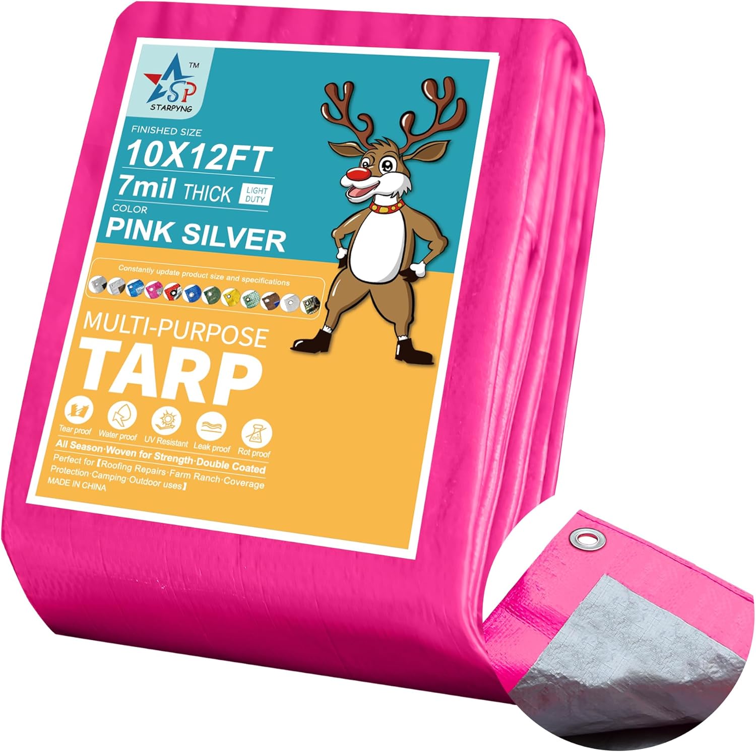 STARPYNG 7 Mil Pink/Silver 10x12 Feet Tarp