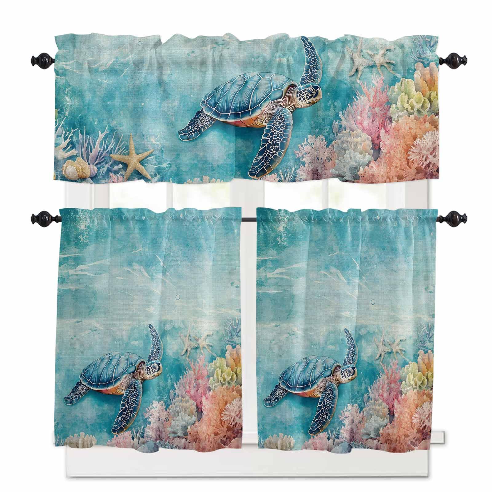 Turtle Kitchen Curtains 24 Inch Length, 3 Piece Rod Pocket Small Half Tiers and Valance Set, Coastal Ocean Starfish Coral Watercolor Blue Small Large Window Treatment Decor for Bedroom/Bathroom Sink