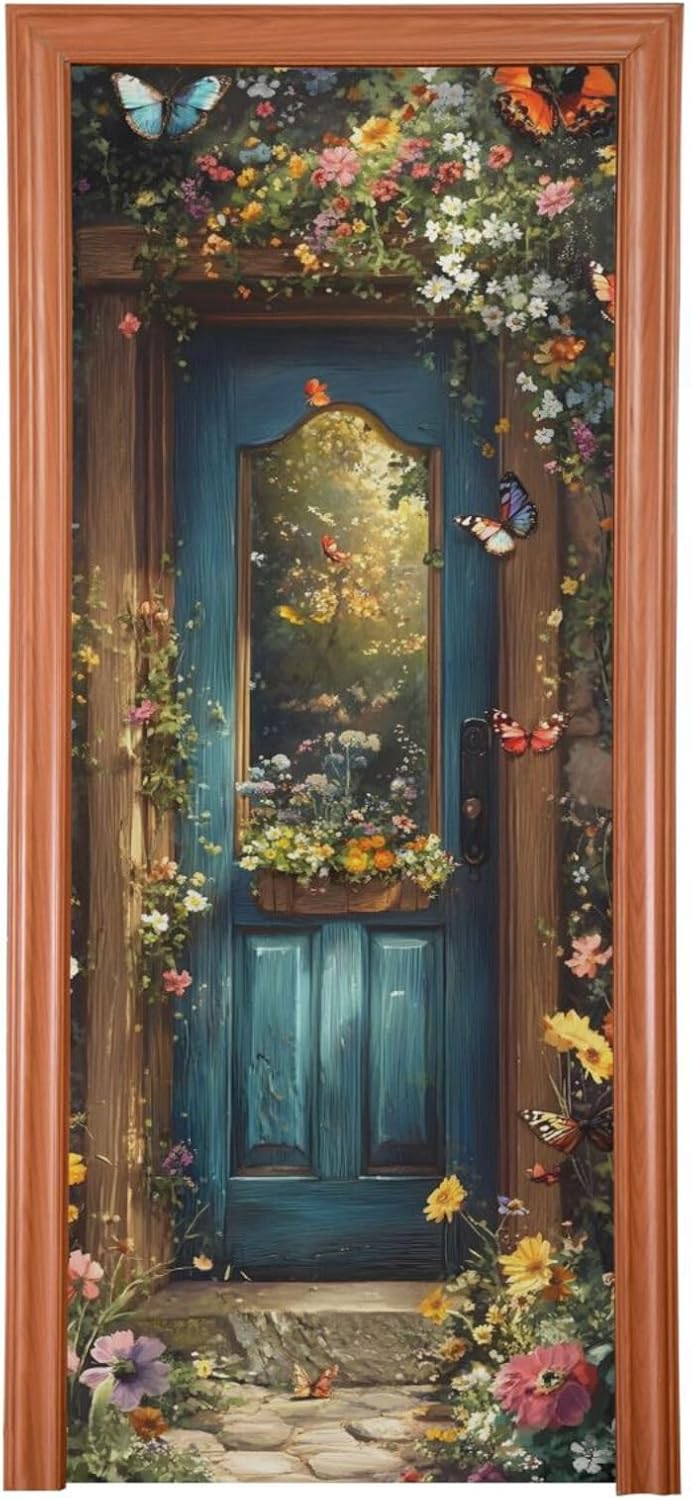Burbuja Spring Flower Wood Door Cover, Stretch Fabric Backdrop Door Porch Covers for Home Party Holidays Decoration, 35x79 in