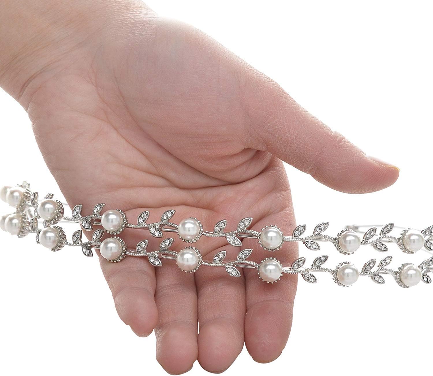 Silver-Double Band Pearl Headband Crystal Tiara Hair Accessories - Image 5