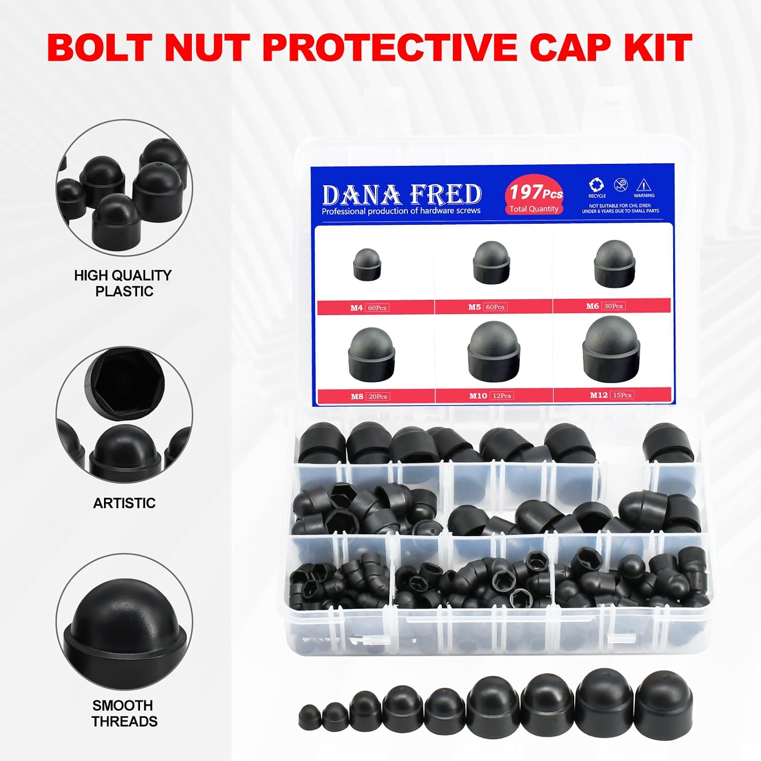 197-Piece Black Bolt Nut Protective Cap Kit - M4 to M12 Sizes, Nylon Insert Locknut, Protects Exposed Screws & Bolts