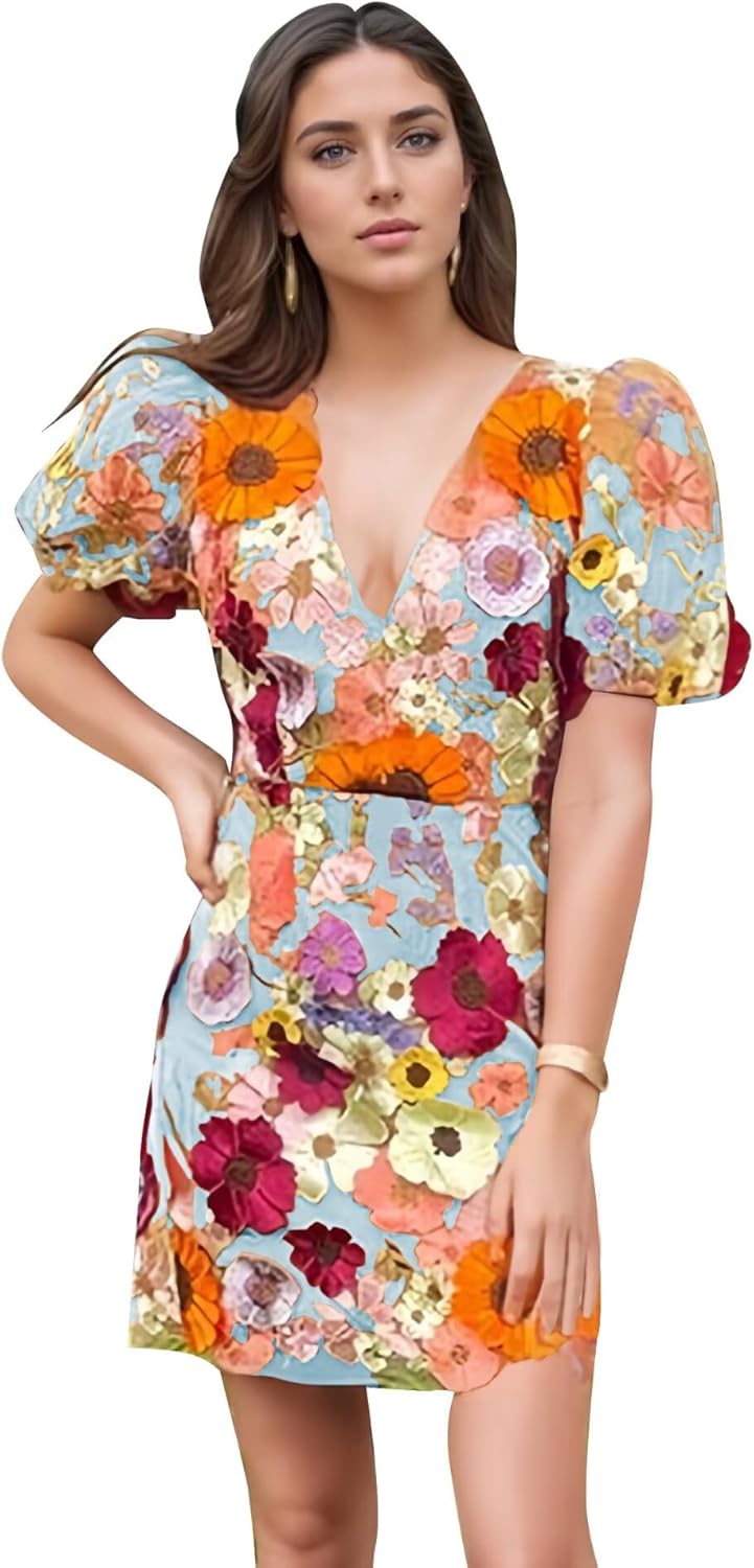 3D Floral Embroidery Homecoming Dresses Puffy Sleeve V Neck Tight Mini Prom Dress Party Cocktail Gowns