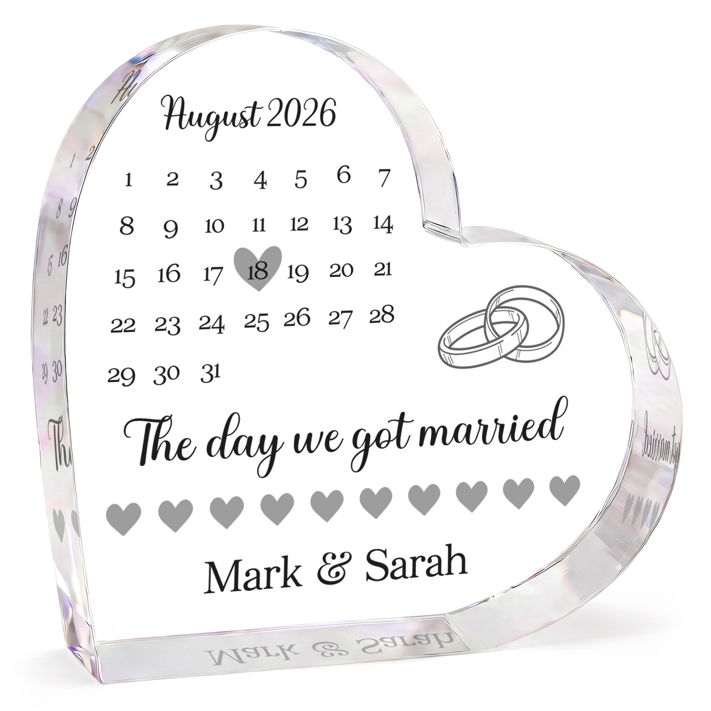 Wedding Gifts For Bride and Groom - Personalised Wedding Date Gift for Couples, The Day We Got Married, Acrylic Heart Block Ornament With Grey Gift Bag