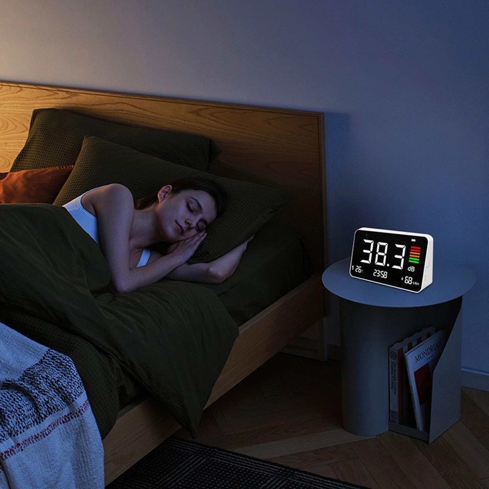 Sonometro, Medidor de Decibelios con Pantalla LCD, Reloj Detección de Temperatura y Medidor de Humedad, Medidor de Nivel de Sonido Digital de 30 a 130 dB para Casa, Escuela, Hospital