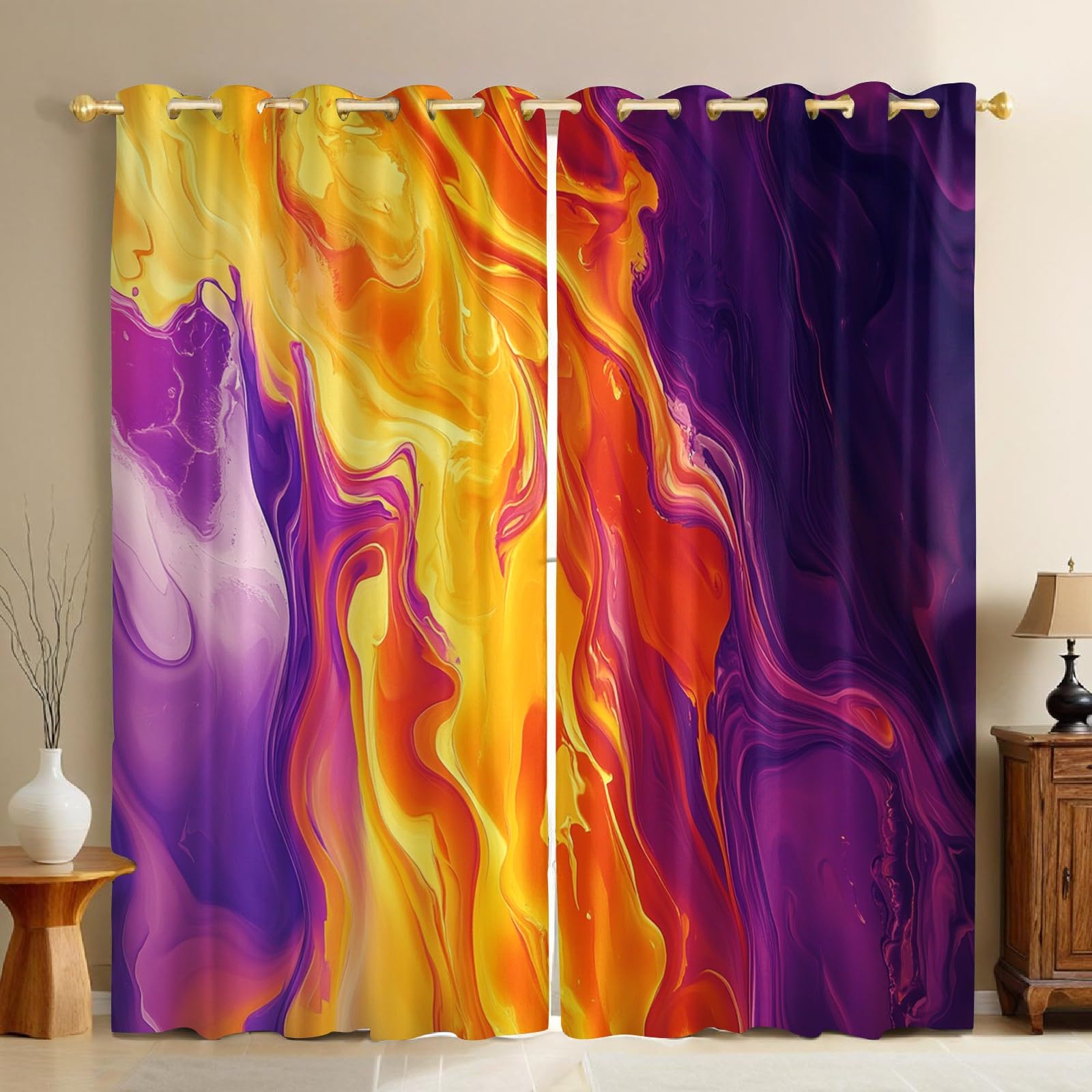 Rideaux occultants 140x245 cm orange à motif de flamme abstraite pour chambre et salon