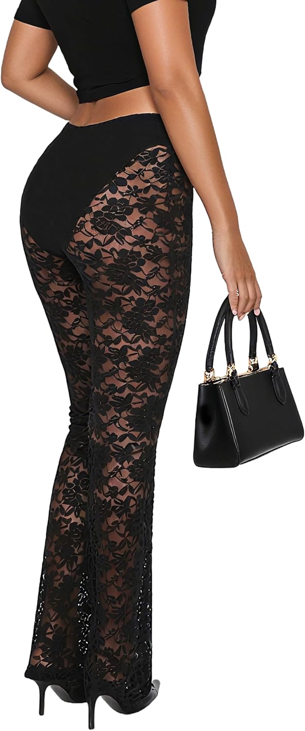 Lace Flare Pants for Women, See Through Mini Bell Bottom Black Sexy Sheer Leggings High Waisted Club Party Trousers - Image 2