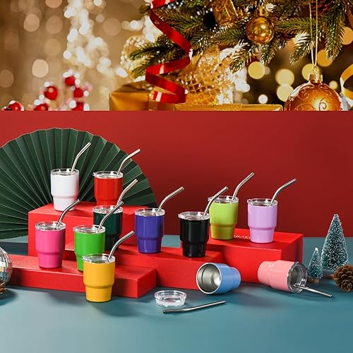 Miniatura 5 de Mini vaso de chupito de 2 onzas con popote y tapa, juego de vasos de acero inoxidable de doble pared de metal para bebidas, juego de 3 piezas (juego