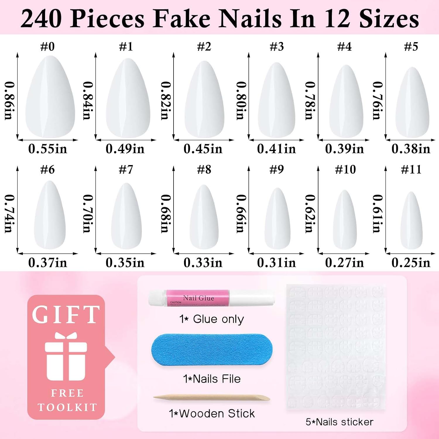 240pc Almond Press on Nails Short Fake Nails White Glue on Nail 12 Sizes
