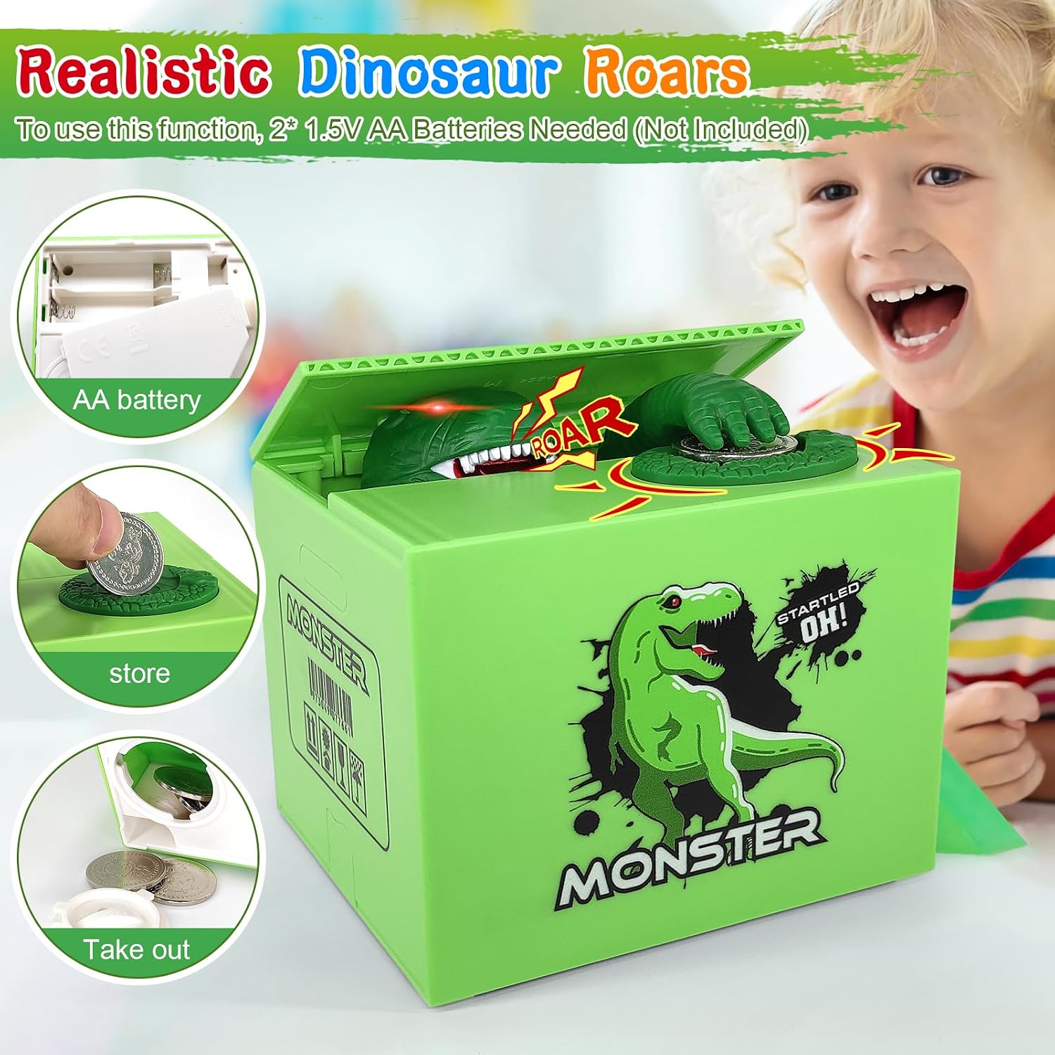 Piggy Bank for Kids, Dinosaurs Automatic Stealing Coin Bank for Boys and Girls Funny Savings Box with DIY Sticker, Creative Saving Money Box Birthday Decor for Kids (Dinosaur)