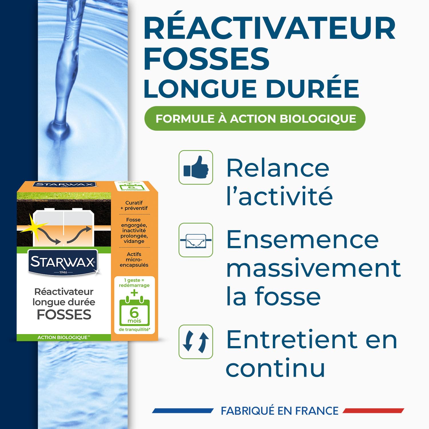STARWAX Ré-activateur longue durée pour fosses septiques 500g | Réactive les fosses engorgées ou après vidange, 1 geste pour 6 mois de tranquillité, micro-capsules à effet retard