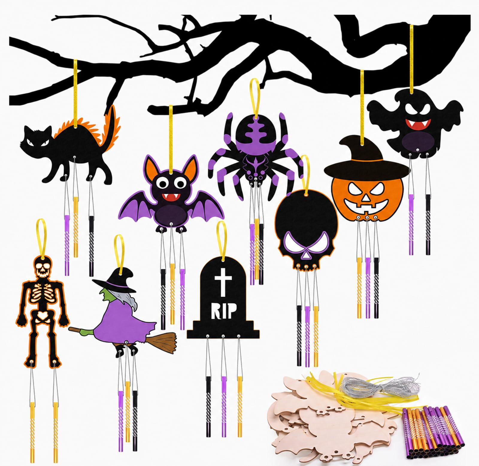 12 Pack Halloween Wind Chime Kit, Halloween Crafts for Kids, Halloweens Decorations, Holiday Arts and Crafts for DIY Art Decorating Activity Party Decorations Supplies