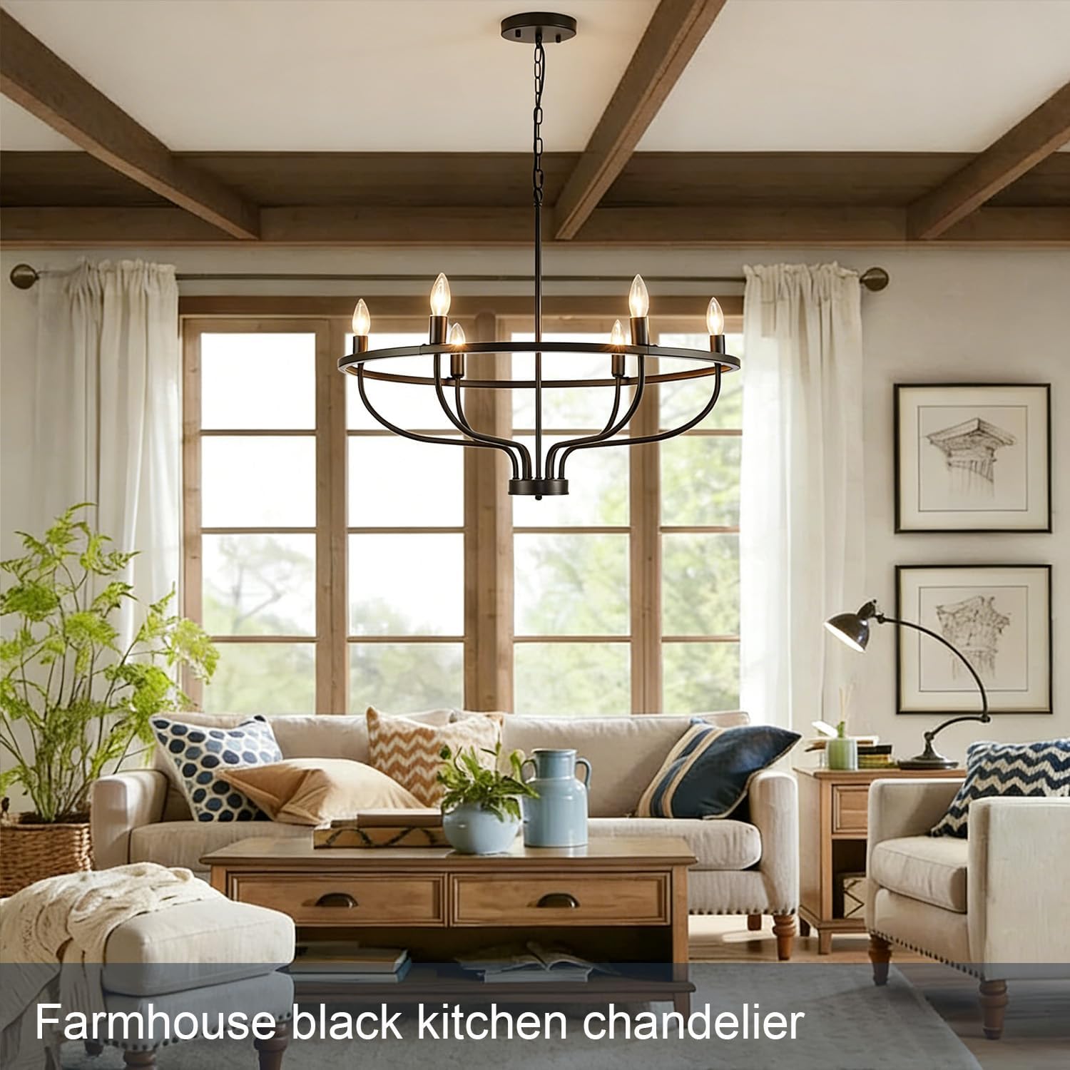 Black Modern Farmhouse Chandelier 6-Light, Industrial Candle Style Pendant Light, Adjustable Chain Mount, for Dining Room, Kitchen Island, Foyer & Living Room, E12/E14 Bulbs (Not Included)