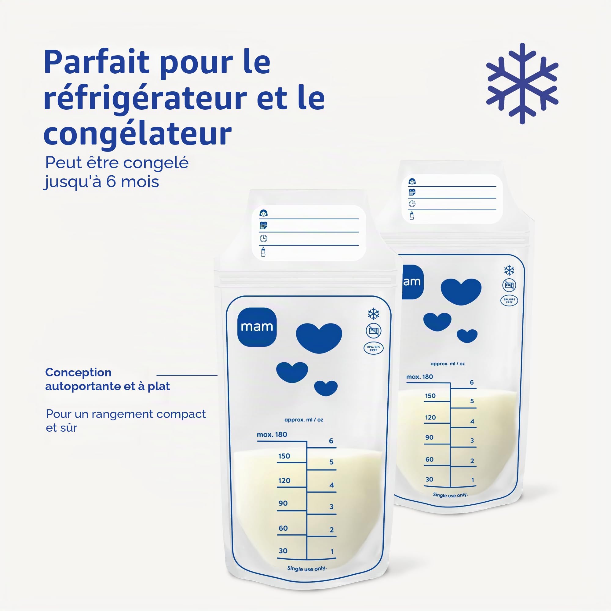 MAM Sacs de stockage de lait | Lot de 100 | Solution de stockage du lait maternel anti-fuite et pré-stérilisée | Design peu encombrant | Facile à verser et à ranger | Essentiels pour bébé pour