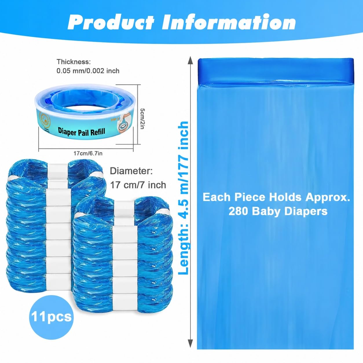 12 cartuchos de recambio para cubos de pañales, 11 bolsas + 1 casete, compatible con Angelcare & Litter Locker II (modelos redondos), incluye bolsa de 4,5 m, 7 capas y bloqueador de olores