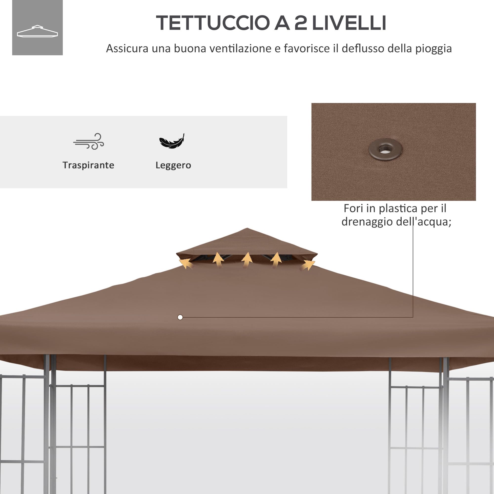 Outsunny Tetto di Ricambio per Gazebo 3x3 m a 2 Livelli, Telo Gazebo 3x3 m Resistente all'Acqua in Tessuto Oxford 180g/m², Anti-UV, Caffè