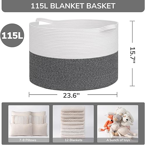 Vista 38 de INDRESSME - Canasta extragrande para ropa sucia de cuerda de algodón, cesta tejida decorativa con asas para guardería y sala, contenedor para Gris