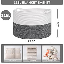 INDRESSME 115L Extra Large Cotton Rope Blanket Basket, Woven Baby Laundry Baskets for Clothes Pillows Towel, Toy Baksets for Kids, White & Gray