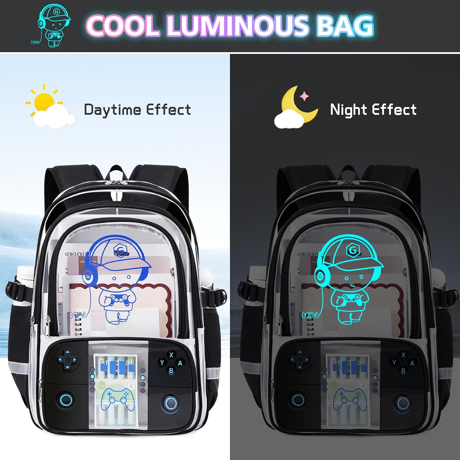 Bevalsa Clear Backpack for Boys,3PCS Cool Gaming Clear Bookbag for School image 3