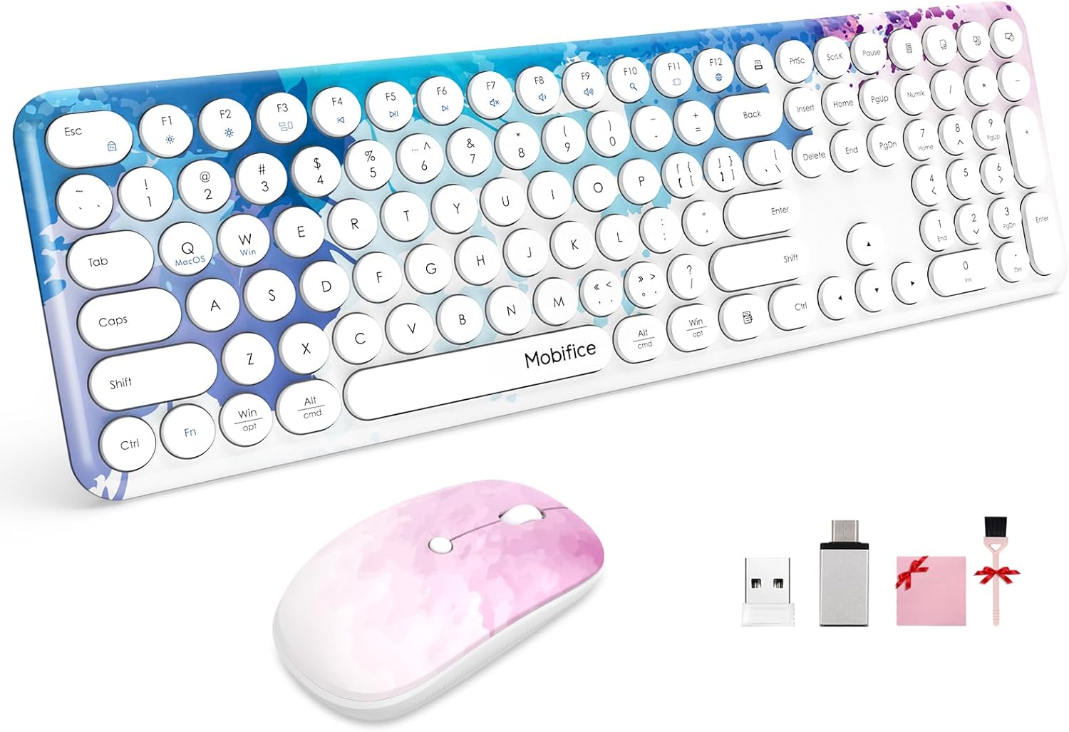 Graffiti Blue 2.4G Cordless Full-Sized Computer Keyboard and Mouse Set Cute Wireless Keyboard Mouse Combo, with Colorful Retro Round Typewriter Keyboard for Windows, Laptop, Desktop, PC