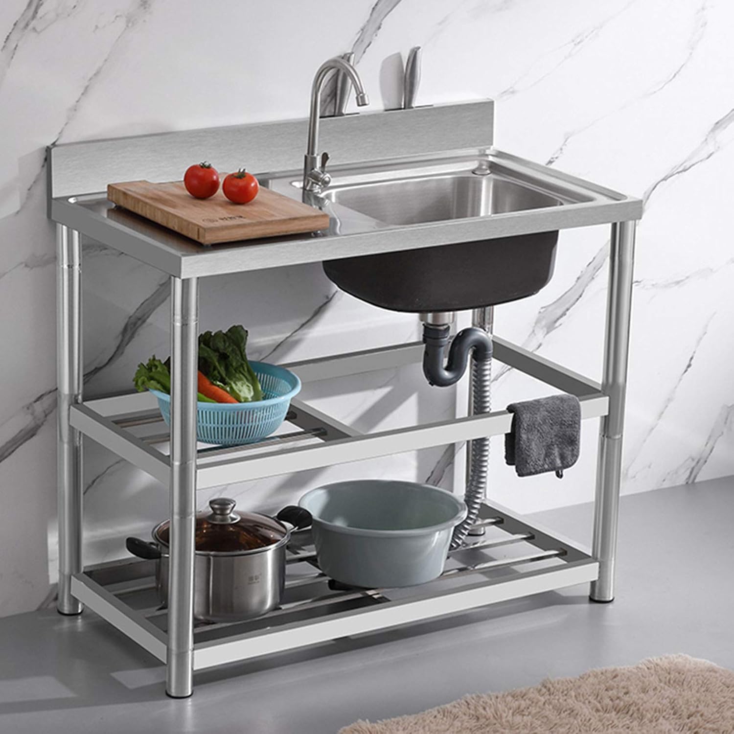 Stainless Steel Commercial Kitchen Sink 2 Compartment Professional Grade Commercial Kitchen Stainless Steel Sink Suitable for Hotel Kitchen Home Restaurant Laundry Garage, 120cm