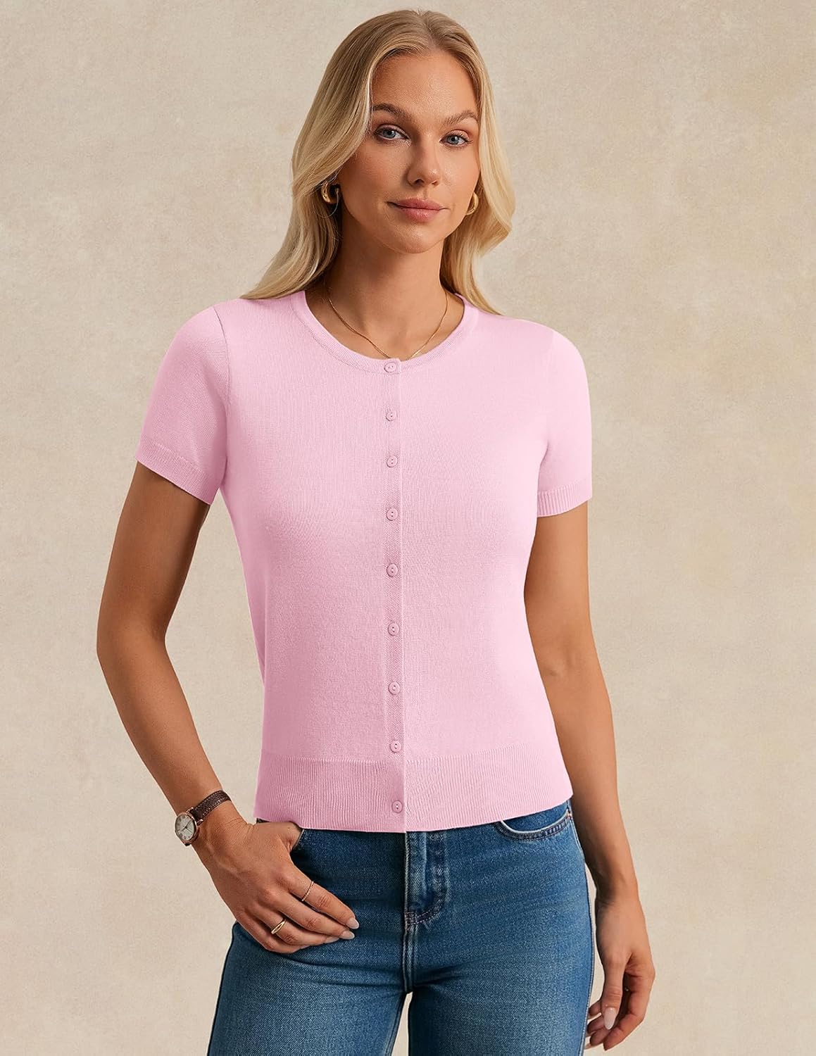 GRACE KARIN Short Sleeve Cardigans for Women, 2026 Summer Knitted Sweater Tops, Basic Crew Neck Crop Outfits - Image 4