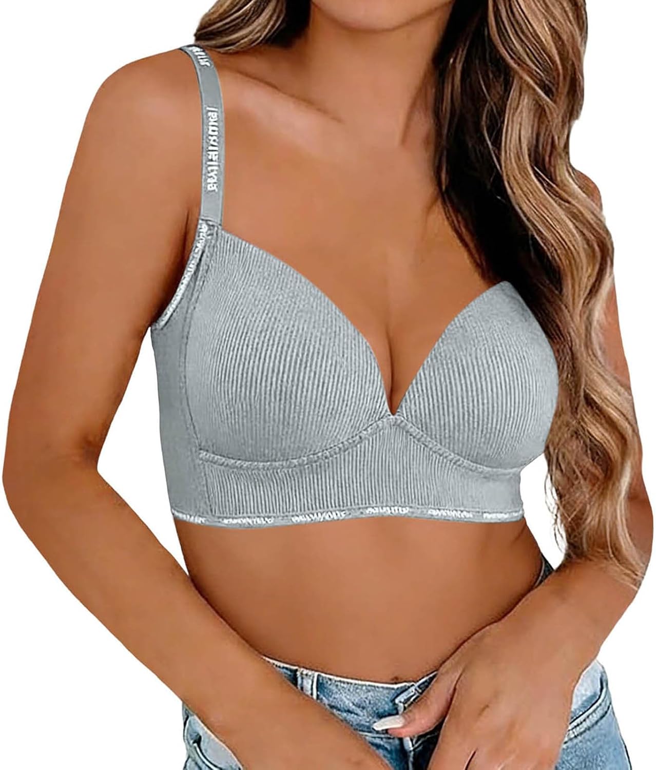 Womens Wireless V Comfortable Bra Seamless Bralette Push Up Bras No Underwire Supportive Rib Knit Tshirt Everyday Bras