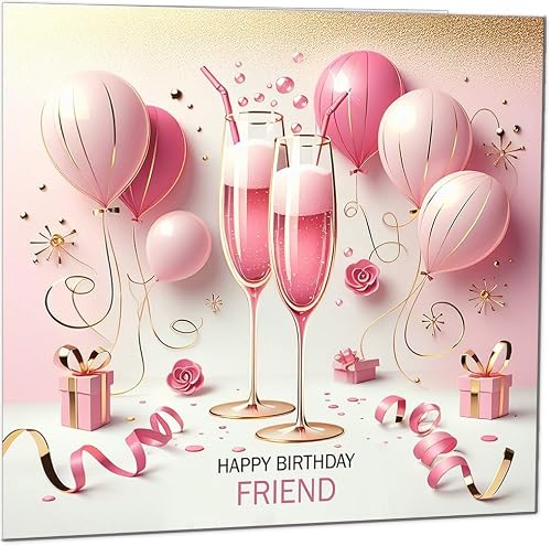 Friend Womens Pink Fizz Design - Elegant Pink & Gold Birthday Cards for Friend