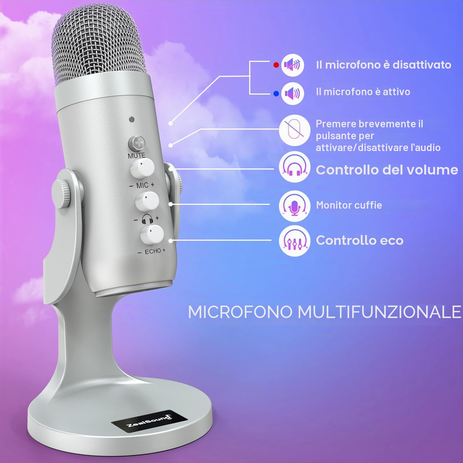 zealsound Microfono USB k66 Argento Podcast Microfono per PC Cellulare PS4&5, con Cancelling/Mute/Echo/Volume Knof, per gaming, registrazioni, streaming, Youtuber, compatibile con Mac, Winows