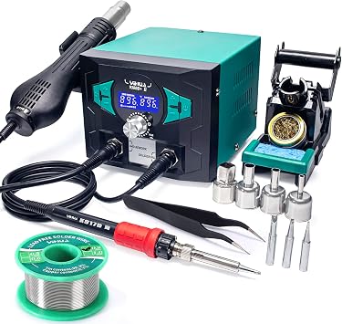 YIHUA 938BD+ II Soldering Iron Station Hot Air Rework with Sleep Mode, F /C, Digital Temperature Calibration Functions with Lead-free solder wire, 3 soldering tips, X-2 holder