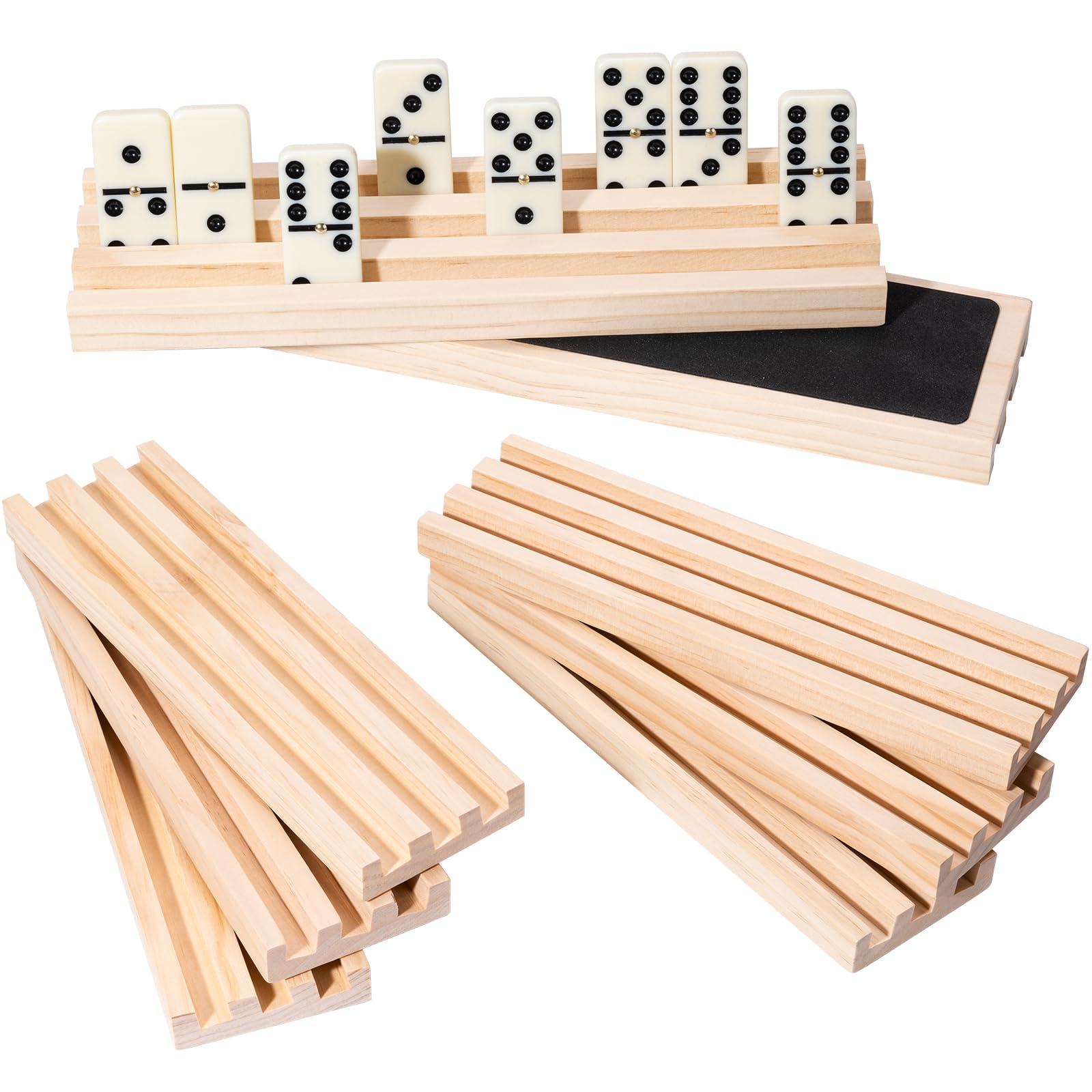 Photo 1 of OZFRHO Wooden Domino Racks Set of 8 - Natural Wood Tray Organizer for Mexican Train, Chickenfoot, Classic Domino Games - Durable, Stackable (Dominoes Not Included)